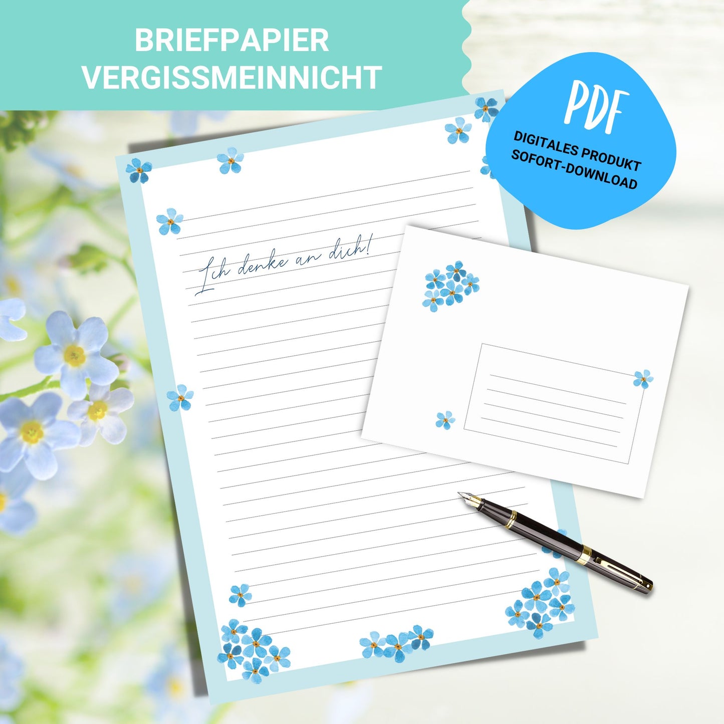 Briefpapier Set, Vergissmeinnicht