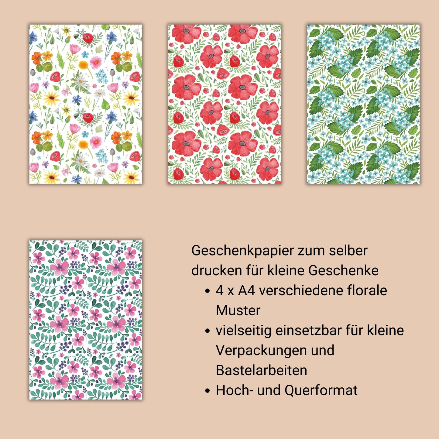 Geschenkpapier A4 zum Ausdrucken – Nachhaltiges Bastelpapier mit Blumenmotiven