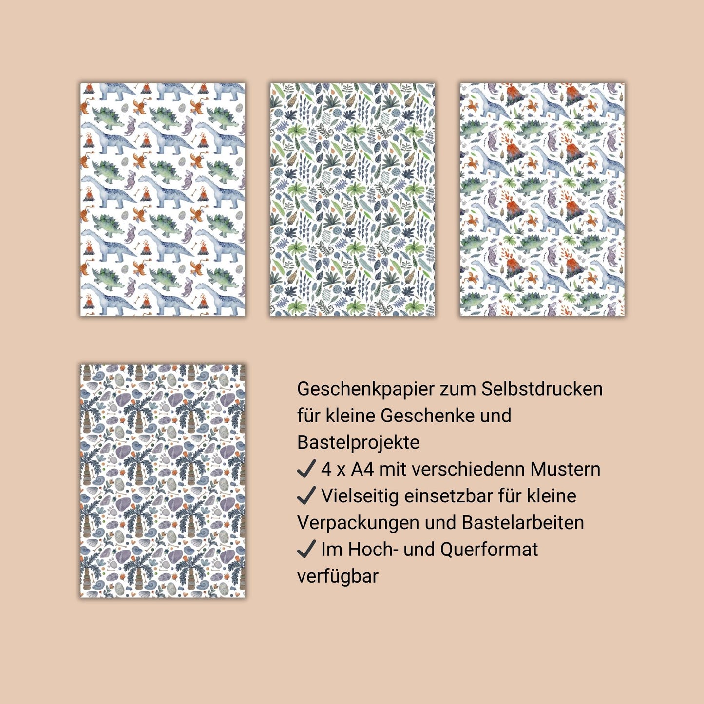 Geschenkpapier Dinosaurier A4 zum Ausdrucken – 4 Motive Urzeit & Dino
