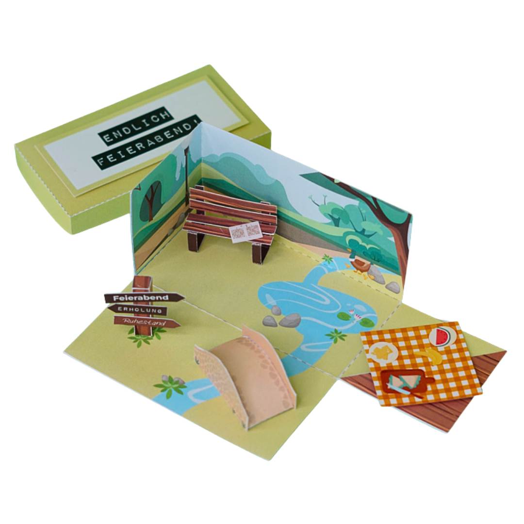 Explosionsbox Rente & Ruhestand – Pop-Up Geschenkbox „Endlich Feierabend", PDF Bastelvorlage