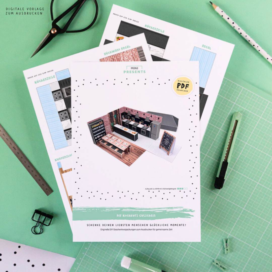 Explosionsbox Kochkurs-Gutschein - Pop-Up Geschenkbox „Ab in die Küche", PDF Bastelvorlage