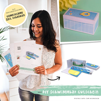 Explosionsbox Schwimmbad-Gutschein - Pop-Up Geschenkbox Schwimmbad, PDF Bastelvorlage