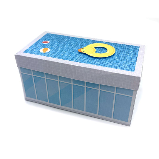 Explosionsbox Schwimmbad-Gutschein - Pop-Up Geschenkbox Schwimmbad, PDF Bastelvorlage