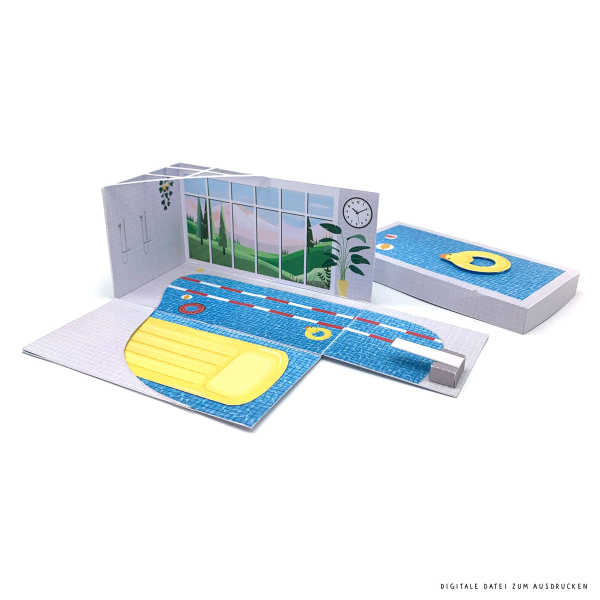 Explosionsbox Schwimmbad-Gutschein - Pop-Up Geschenkbox Schwimmbad, PDF Bastelvorlage