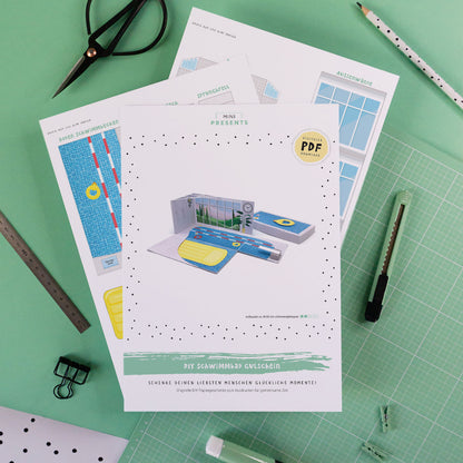 Explosionsbox Schwimmbad-Gutschein - Pop-Up Geschenkbox Schwimmbad, PDF Bastelvorlage