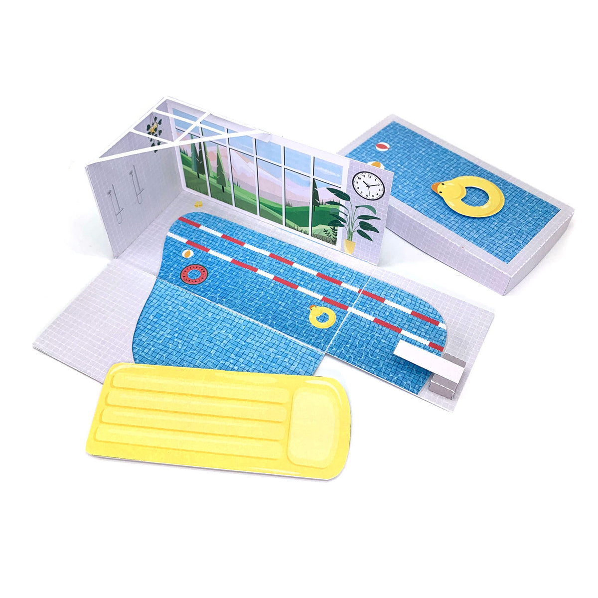 Explosionsbox Schwimmbad-Gutschein - Pop-Up Geschenkbox Schwimmbad, PDF Bastelvorlage
