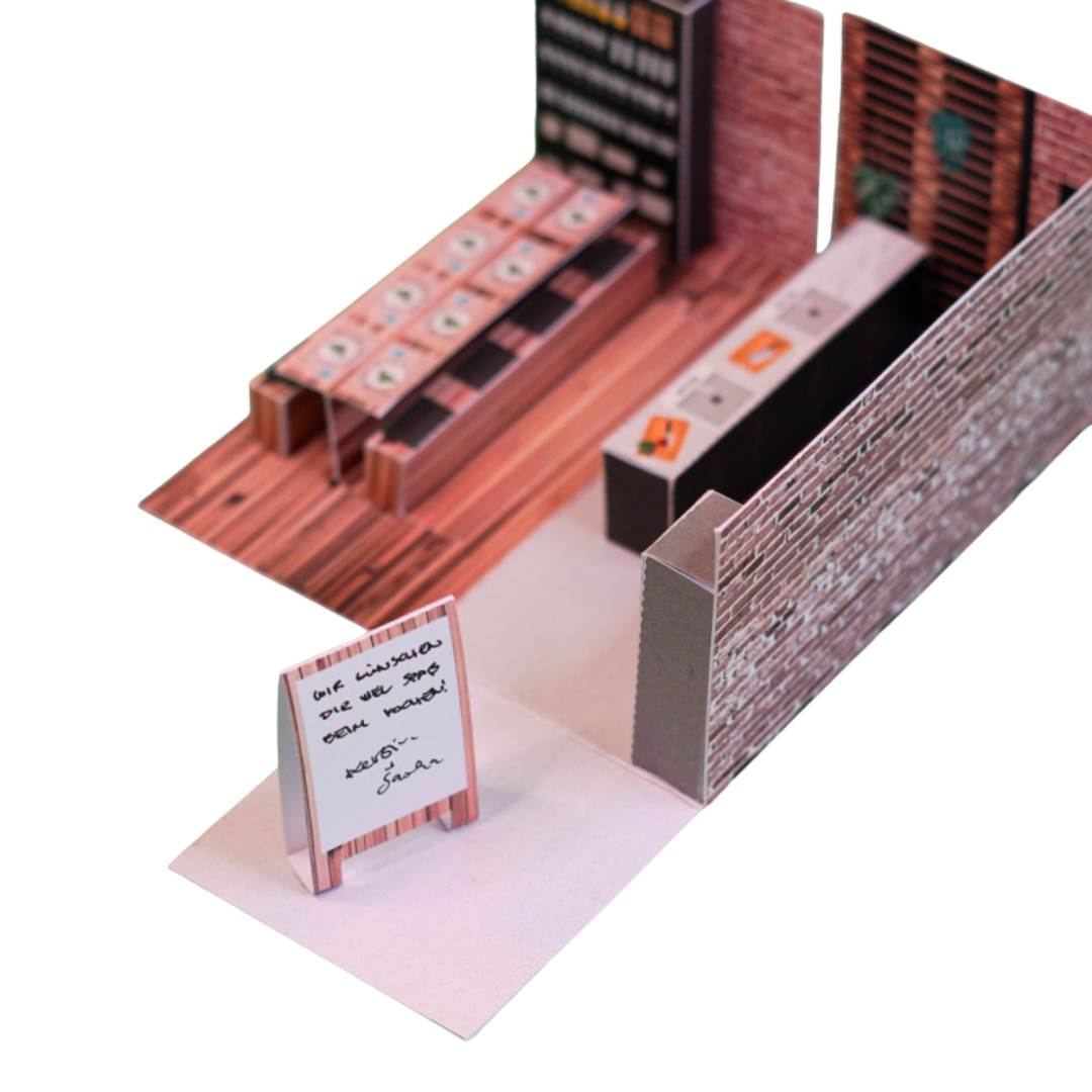 Explosionsbox Kochkurs-Gutschein - Pop-Up Geschenkbox „Ab in die Küche", PDF Bastelvorlage