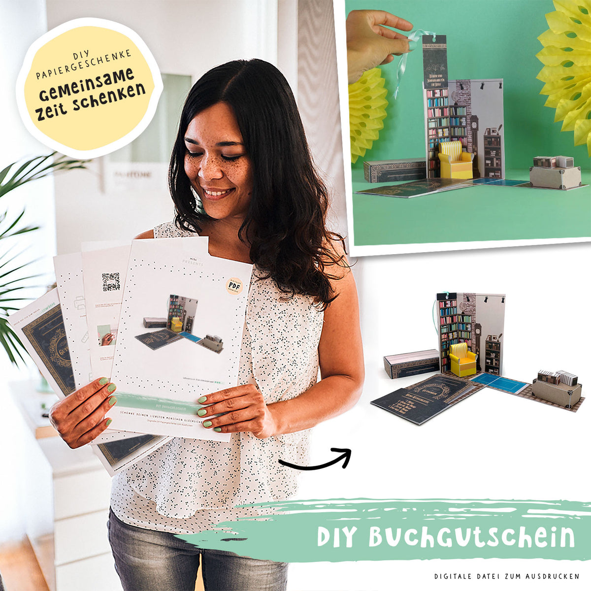 Explosionsbox Buch-Gutschein - Pop-Up Geschenkbox Buch, PDF Bastelvorlage