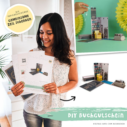 Explosionsbox Buch-Gutschein - Pop-Up Geschenkbox Buch, PDF Bastelvorlage
