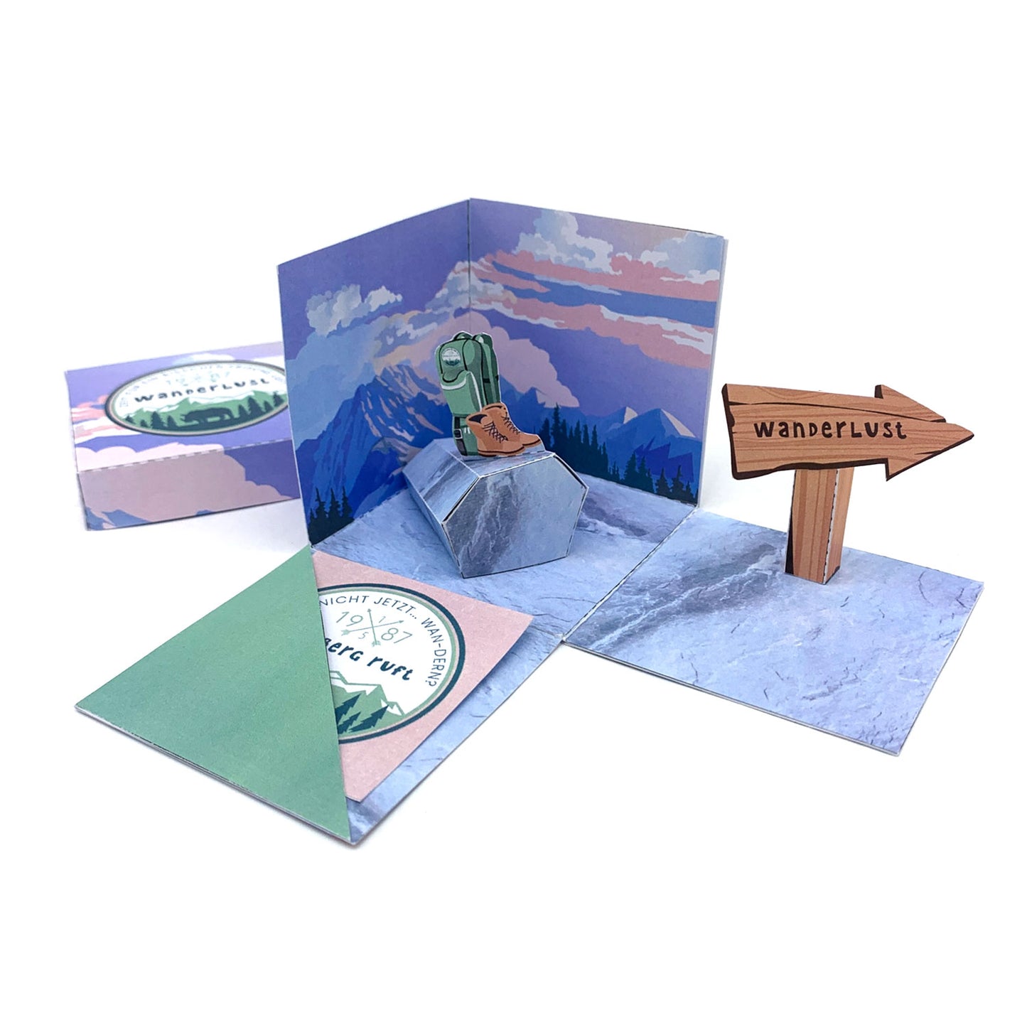 Explosionsbox Wander-Gutschein - Pop-Up Geschenkbox „Wanderlust Gutschein für Wanderfans“, PDF Bastelvorlage