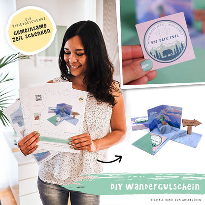 Explosionsbox Wander-Gutschein - Pop-Up Geschenkbox „Wanderlust Gutschein für Wanderfans“, PDF Bastelvorlage