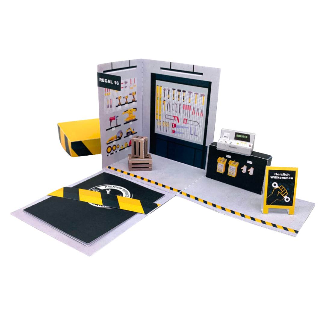 Explosionsbox Baumarkt-Gutschein – Pop-Up Geschenkbox „Baumarkt Gutschein für Papa oder Opa", PDF Bastelvorlage